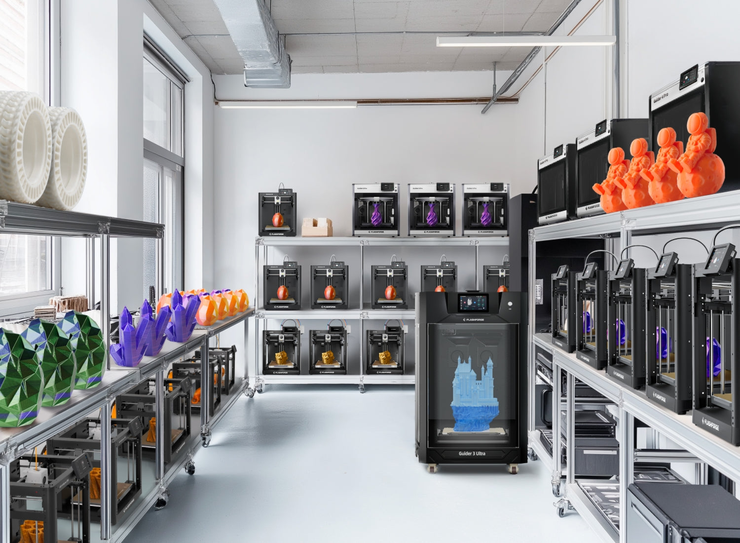 Professional 3D printing farm with rows of industrial printers